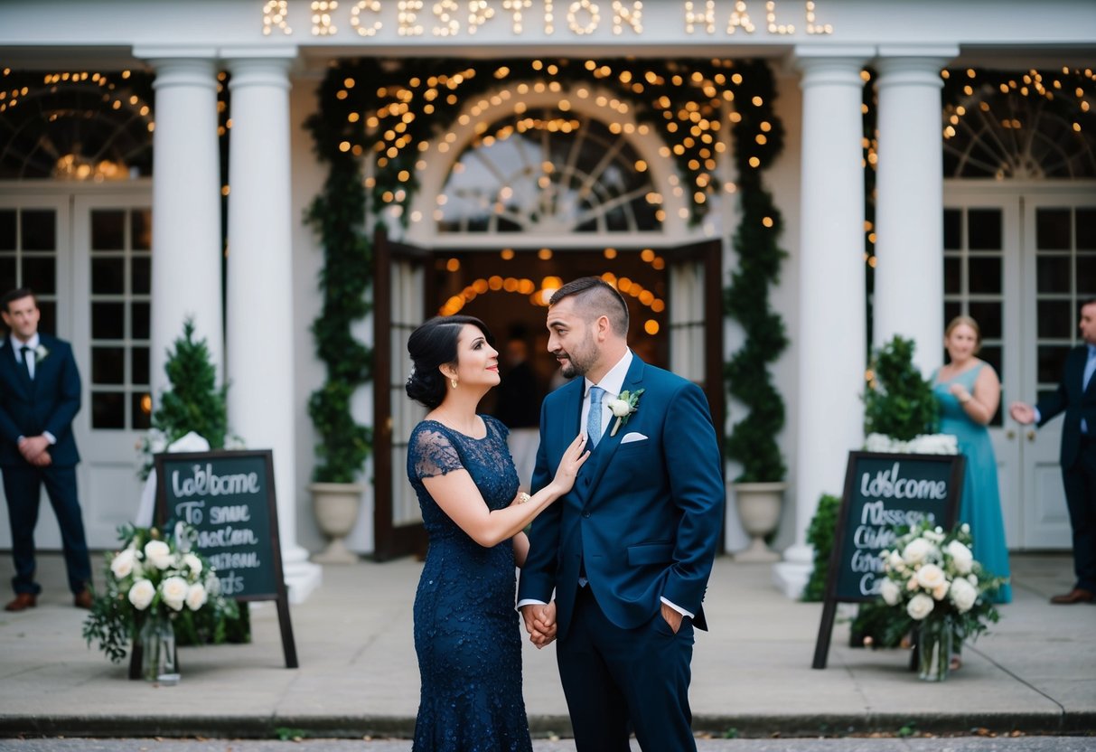 A couple stands outside a grand reception hall, one looking hesitant while the other tries to reassure them. The building is adorned with twinkling lights and a large sign welcoming guests