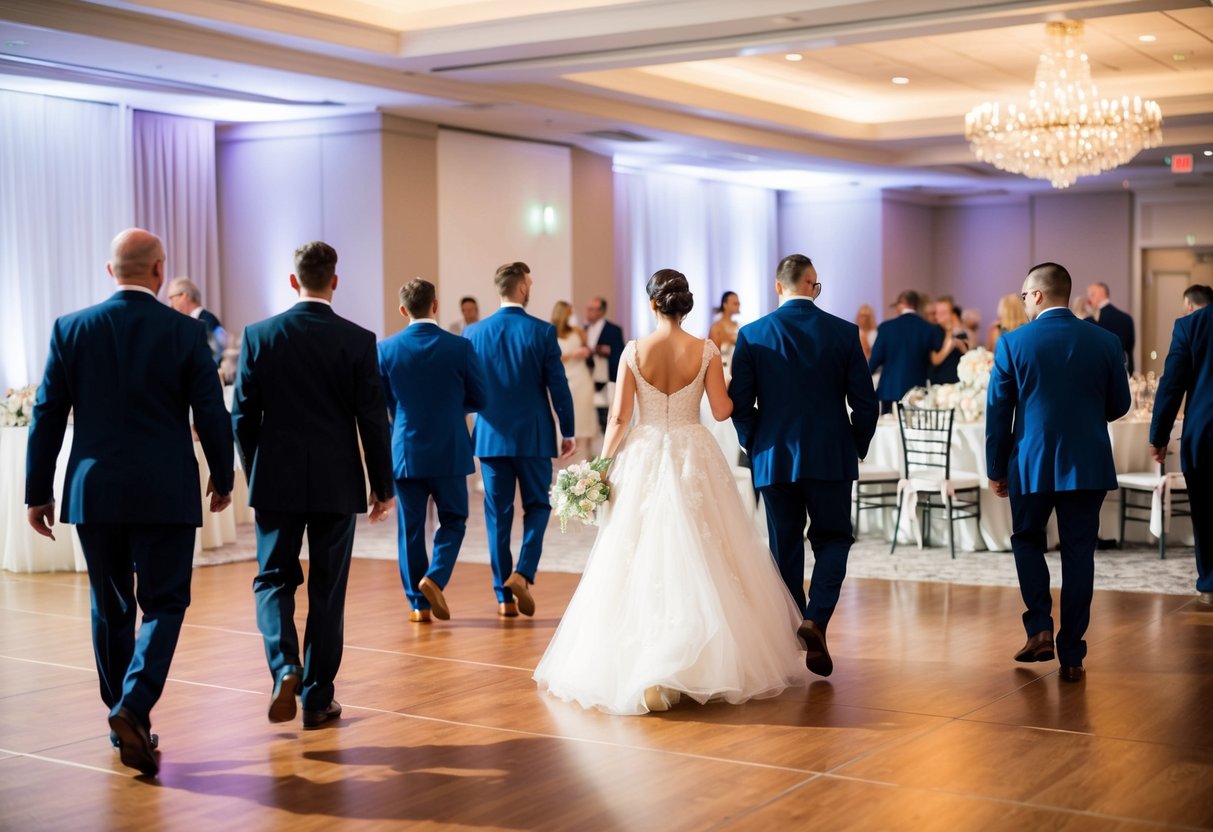 Guests walking away from a beautifully decorated reception hall, leaving behind untouched tables and an empty dance floor
