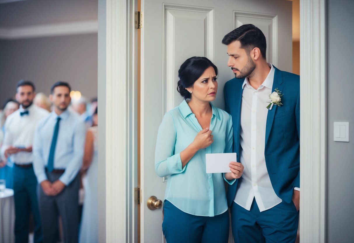A couple standing at a closed wedding reception door, looking confused and disappointed. RSVP reminder card in hand