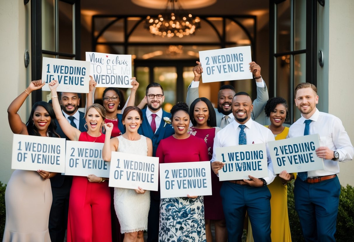 A group of diverse individuals holding signs and cheering outside a wedding venue