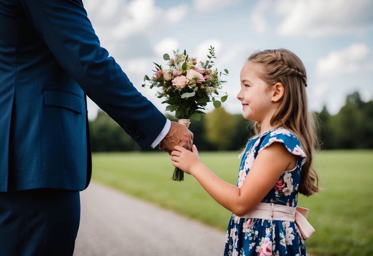 A man in a suit hands a small bouquet to a young girl in a floral dress