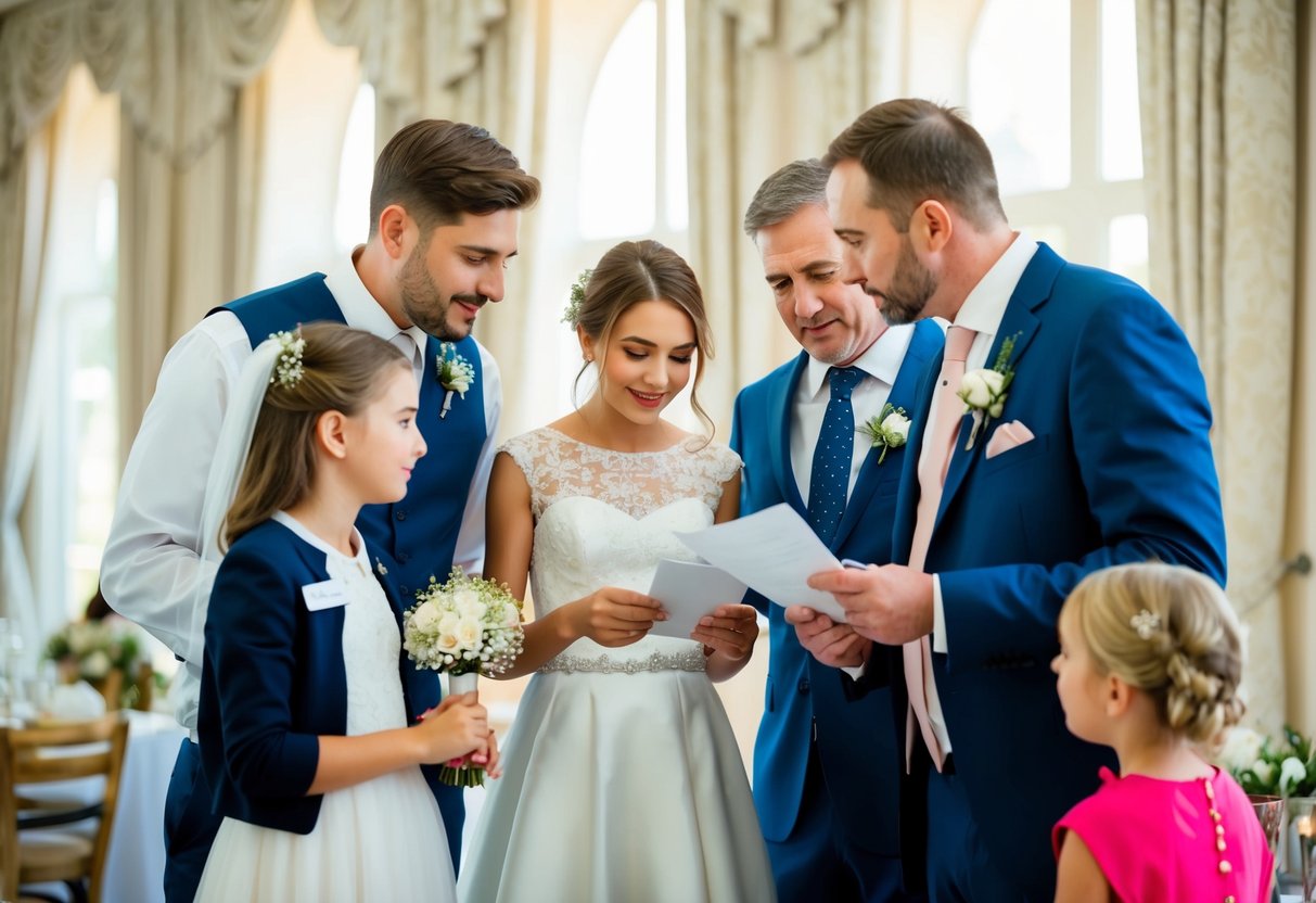 A couple and their families discussing wedding plans, with a focus on the flower girl's expenses