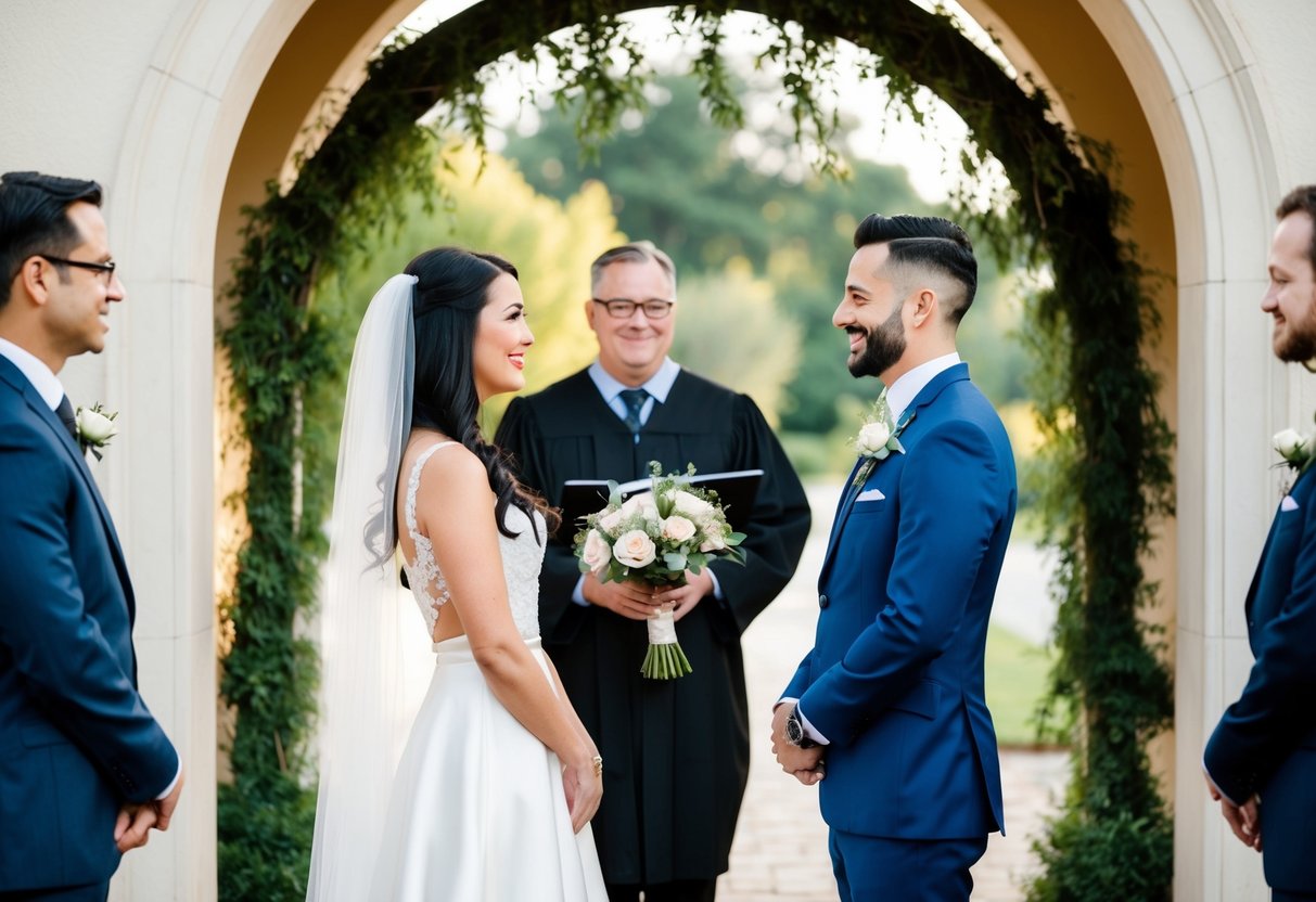 A couple standing under an archway with an officiant holding a bouquet, about to say "You are now married."