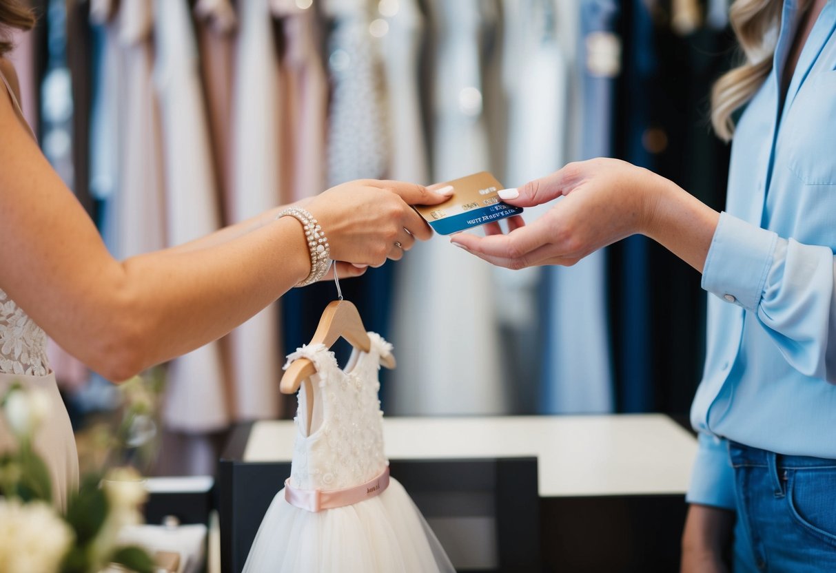 A woman hands over her credit card to the cashier at a boutique, selecting a delicate flower girl dress from the rack