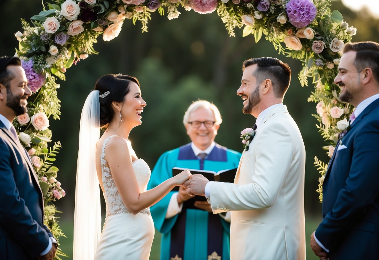 A couple stands beneath a floral arch, facing each other with joyous expressions as an officiant performs a unique wedding pronouncement