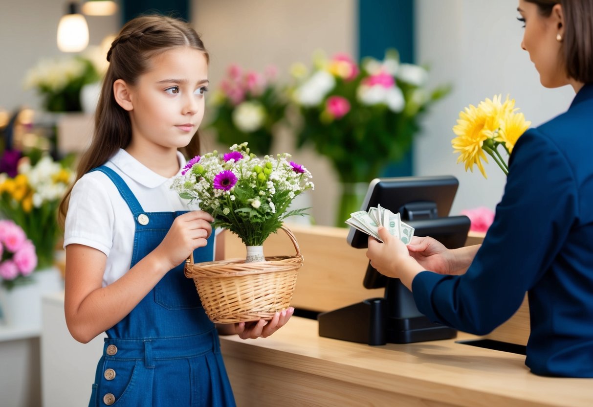 A young girl holding a small basket of flowers, standing in front of a cashier at a flower shop. She looks unsure as she reaches into her pocket for money