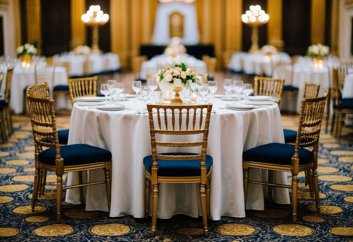 A grand banquet hall with a single, ornate table at the center, adorned with elegant place settings and surrounded by opulent decor