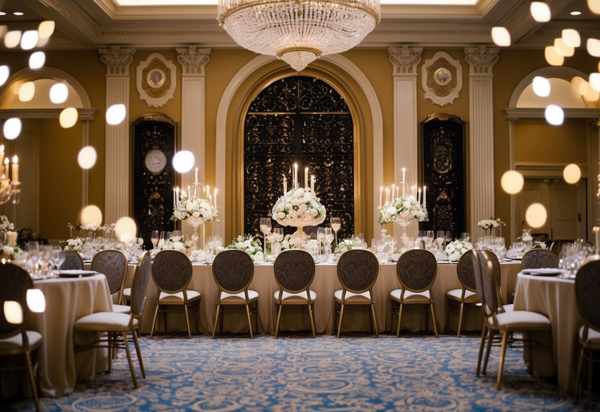 A grand head table adorned with ornate decorations and positioned at the center of a lavish banquet hall