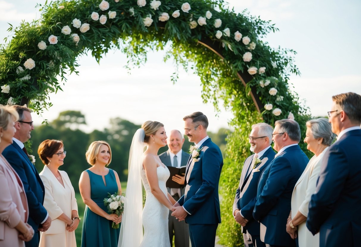 A couple standing under an arch, surrounded by loved ones, exchanging vows
