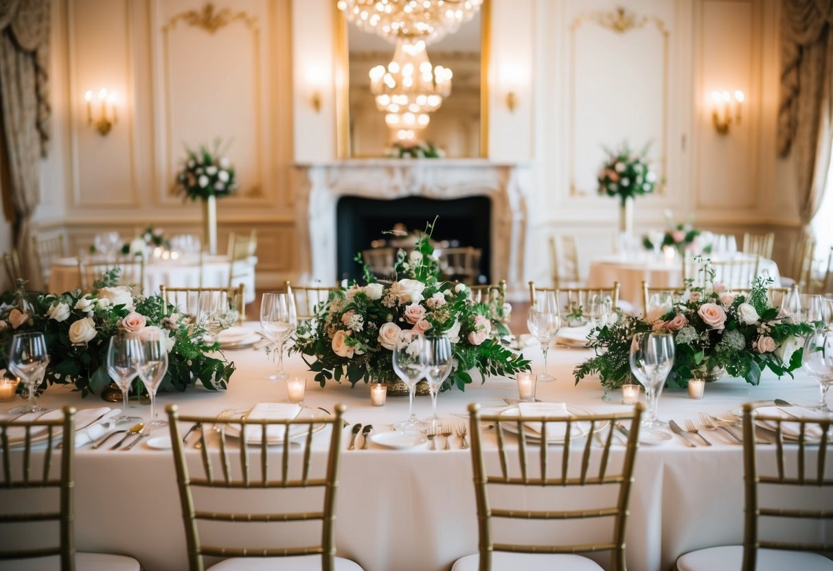 A grand head table with elegant place settings and floral centerpieces
