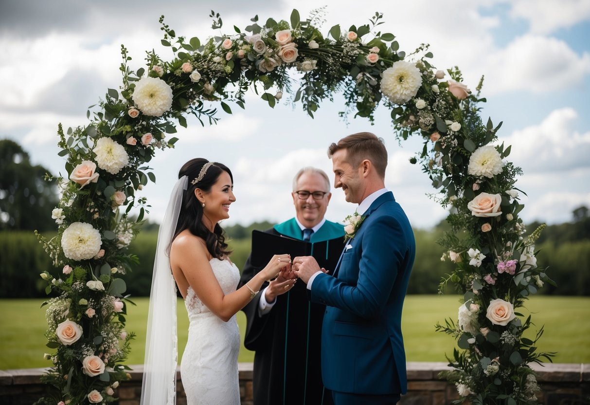 A couple standing under an arch of flowers, exchanging rings, with a celebrant officiating the ceremony