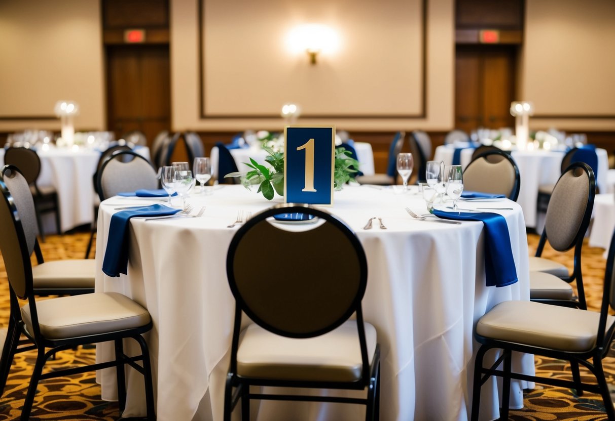 A banquet hall with multiple tables, one adorned as the head table with a prominent number 1