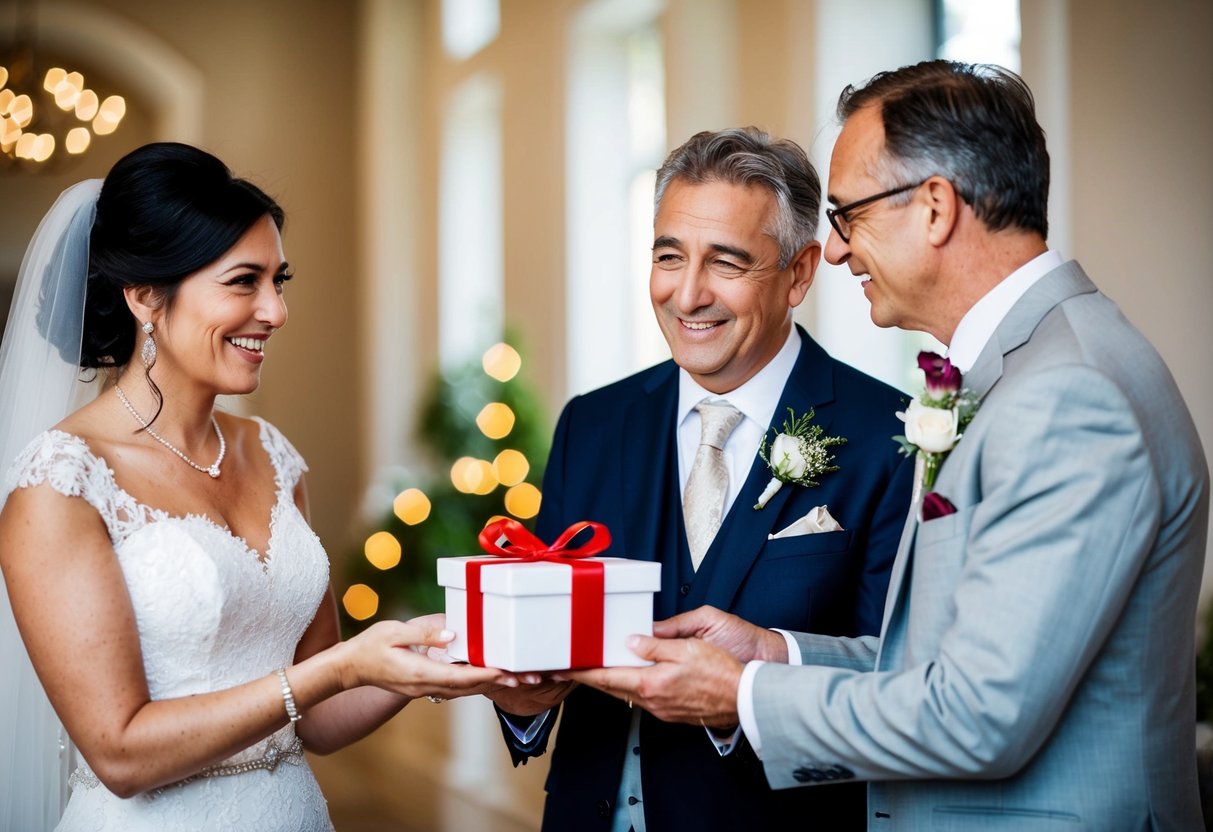 The bride presents a thoughtful gift to her parents