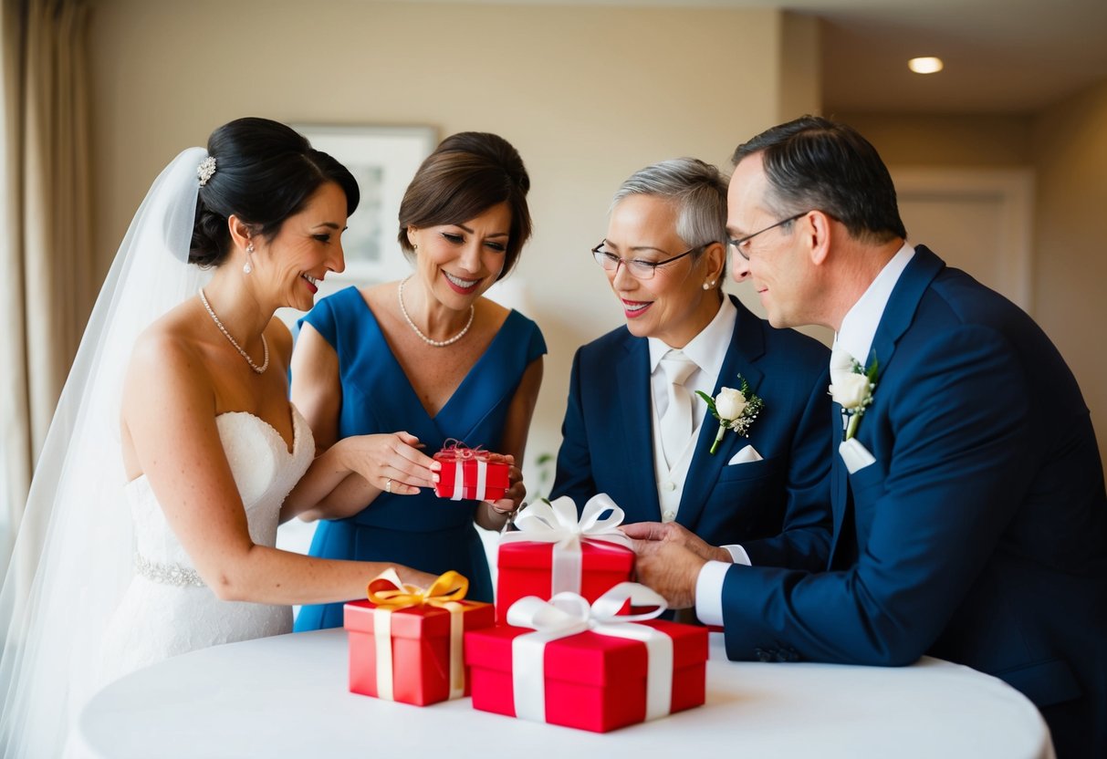 Parents discussing wedding plans with bride, exchanging gifts