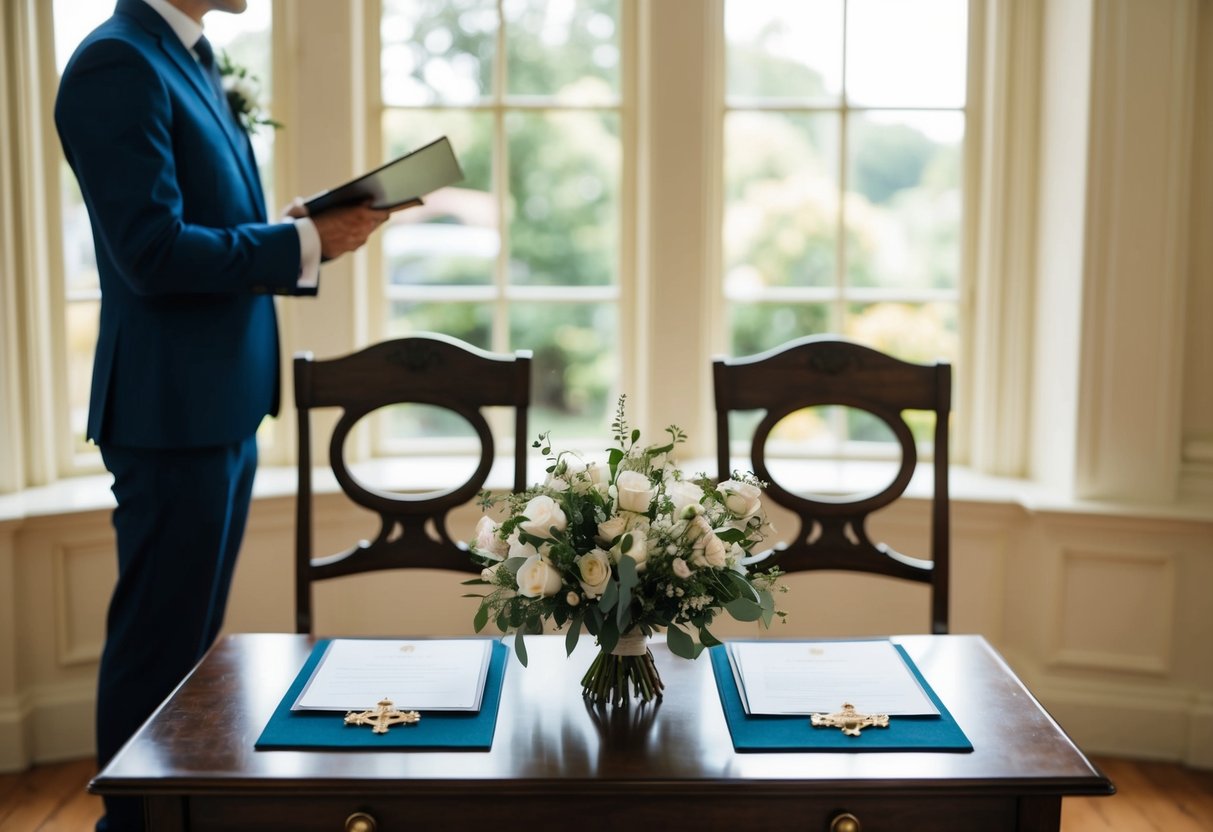 A small, elegant wedding registry office with a table for signing documents, a bouquet of flowers, and two chairs for the couple and the officiant