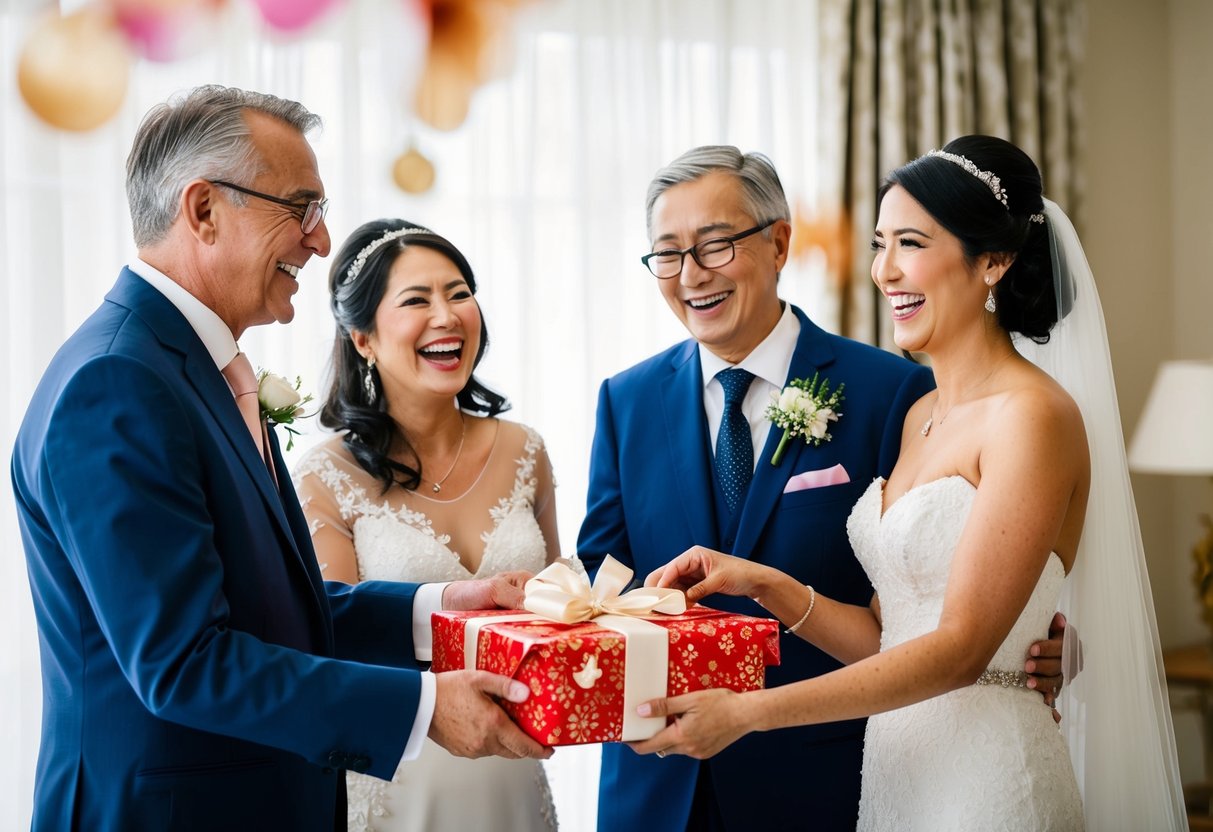 The bride presents a beautifully wrapped gift to her parents, who are beaming with joy and gratitude during the wedding celebration