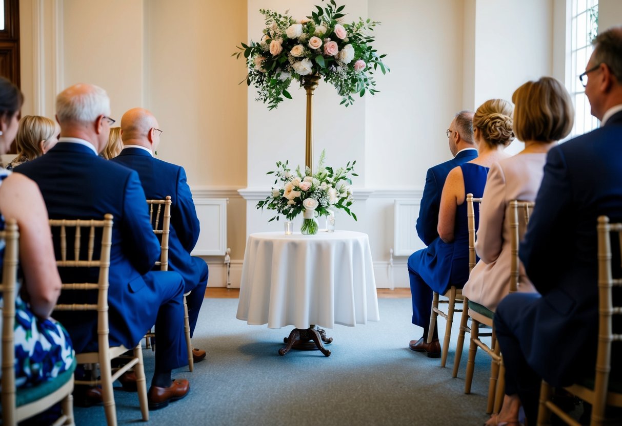 A small, intimate ceremony at the registry office, with a simple table adorned with flowers and a few chairs for guests to witness the exchange of vows