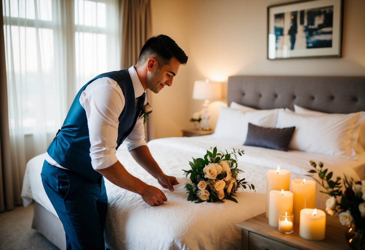 A groom setting up a romantic bedroom with candles and flowers for his first night