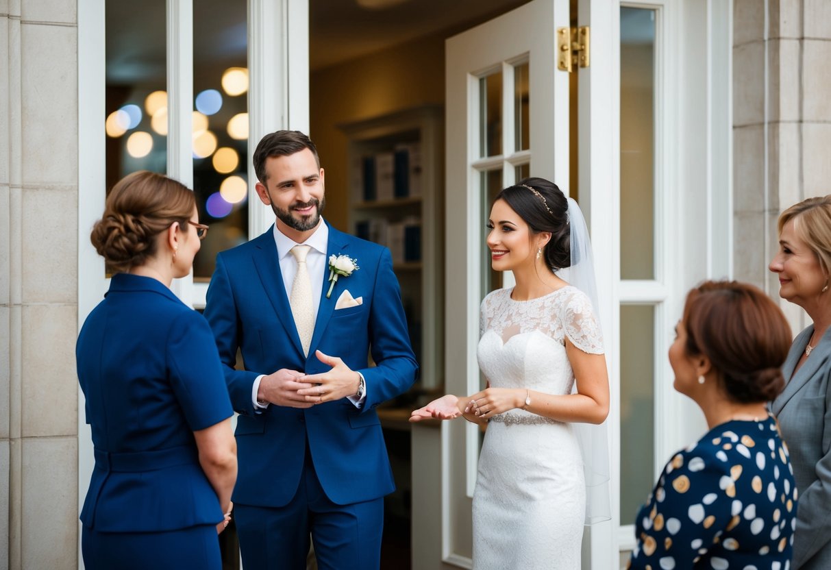 A couple stands at the entrance of a wedding registry office, discussing with a staff member about the possibility of having guests present for their ceremony