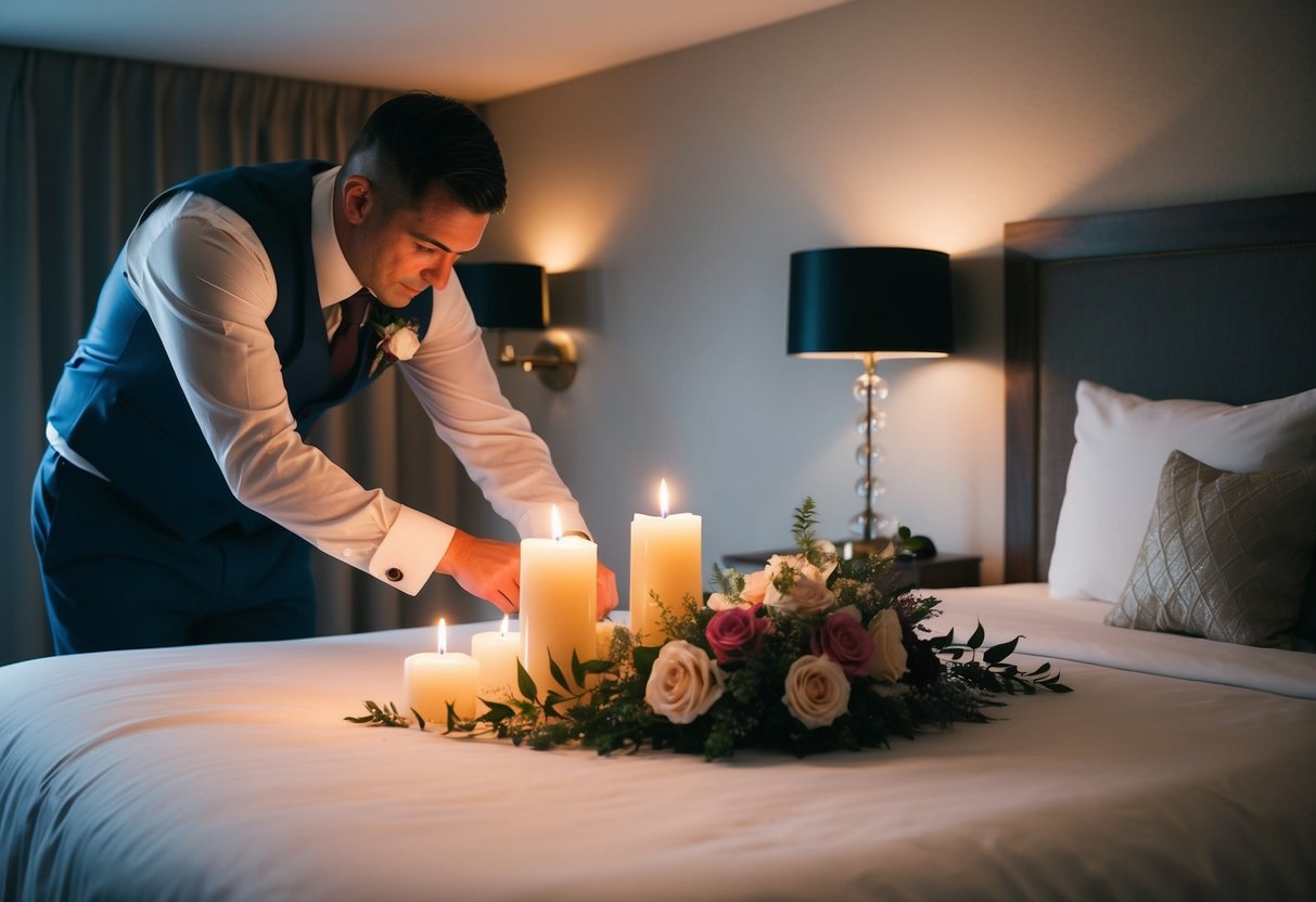 A groom lighting candles and arranging flowers in a dimly lit bedroom