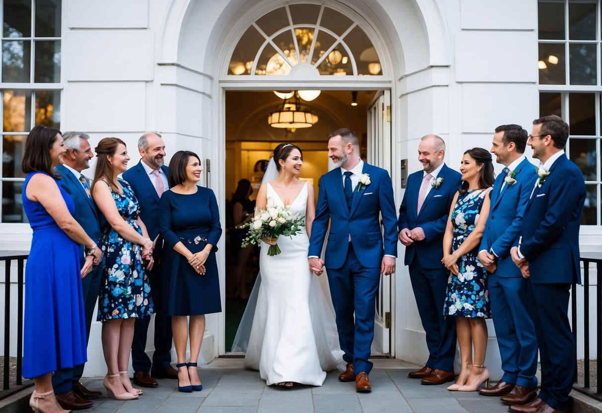 A couple stands at the entrance of a wedding registry office, surrounded by a small group of friends and family, smiling and chatting