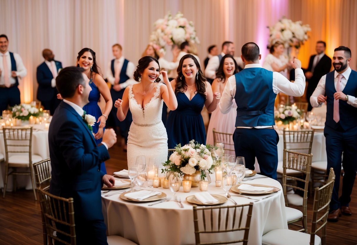 Guests dancing and laughing at a wedding reception. Tables adorned with flowers and candles. A band plays in the background