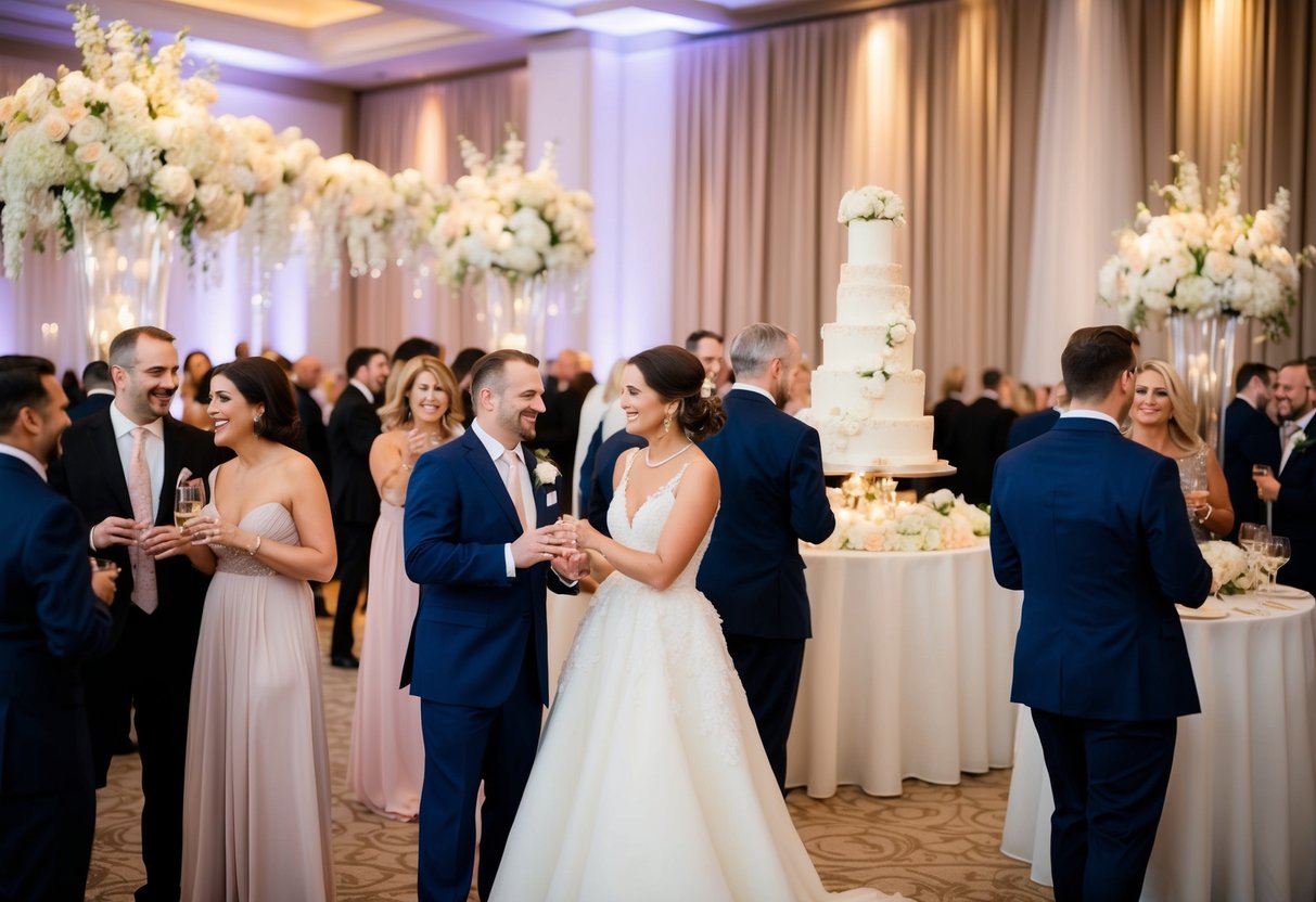 Guests mingling at a lavish wedding reception, with elegant decor and a grand cake on display. A sense of celebration and joy fills the air