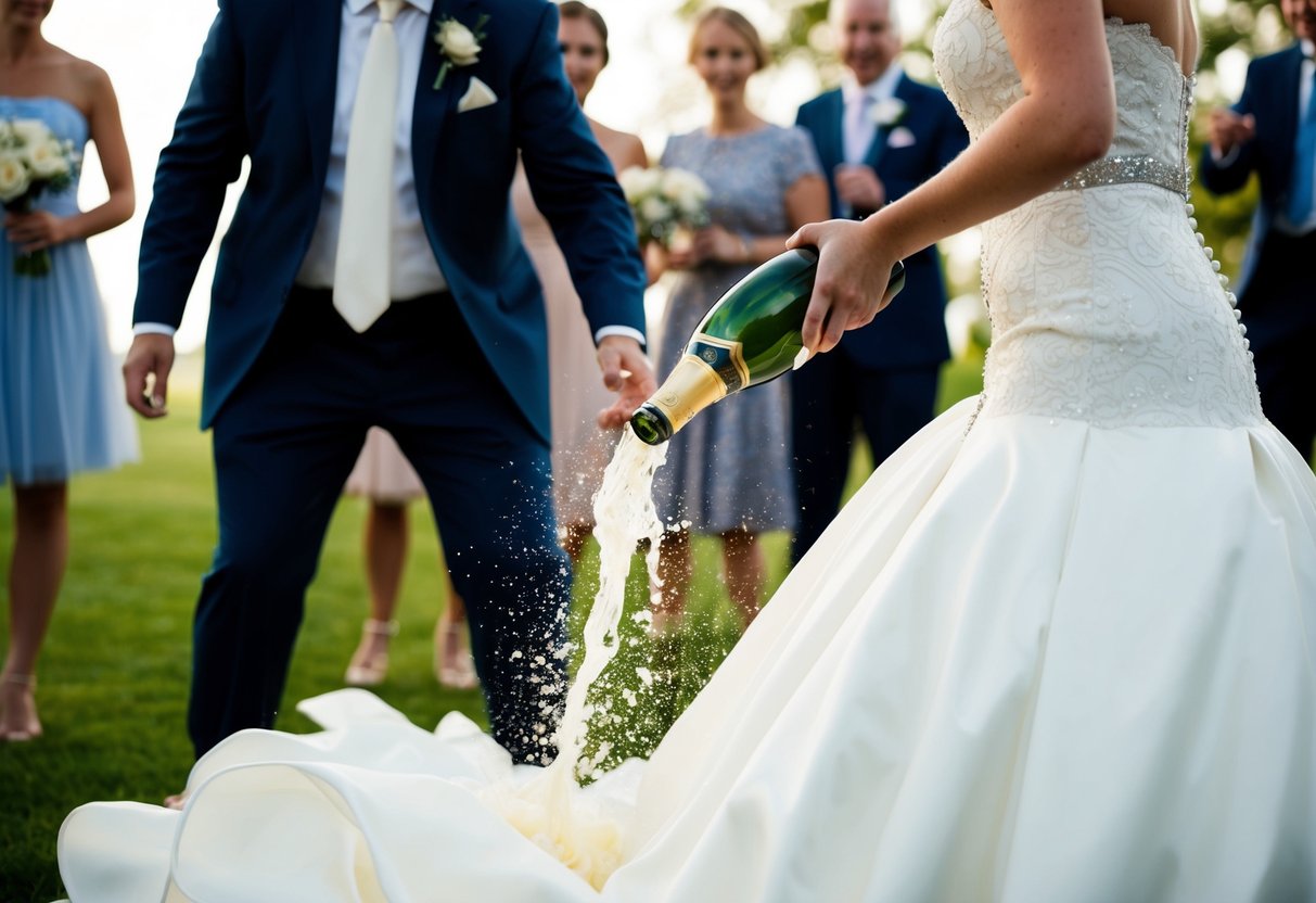 An uninvited guest spills champagne on the bride's dress, causing a commotion