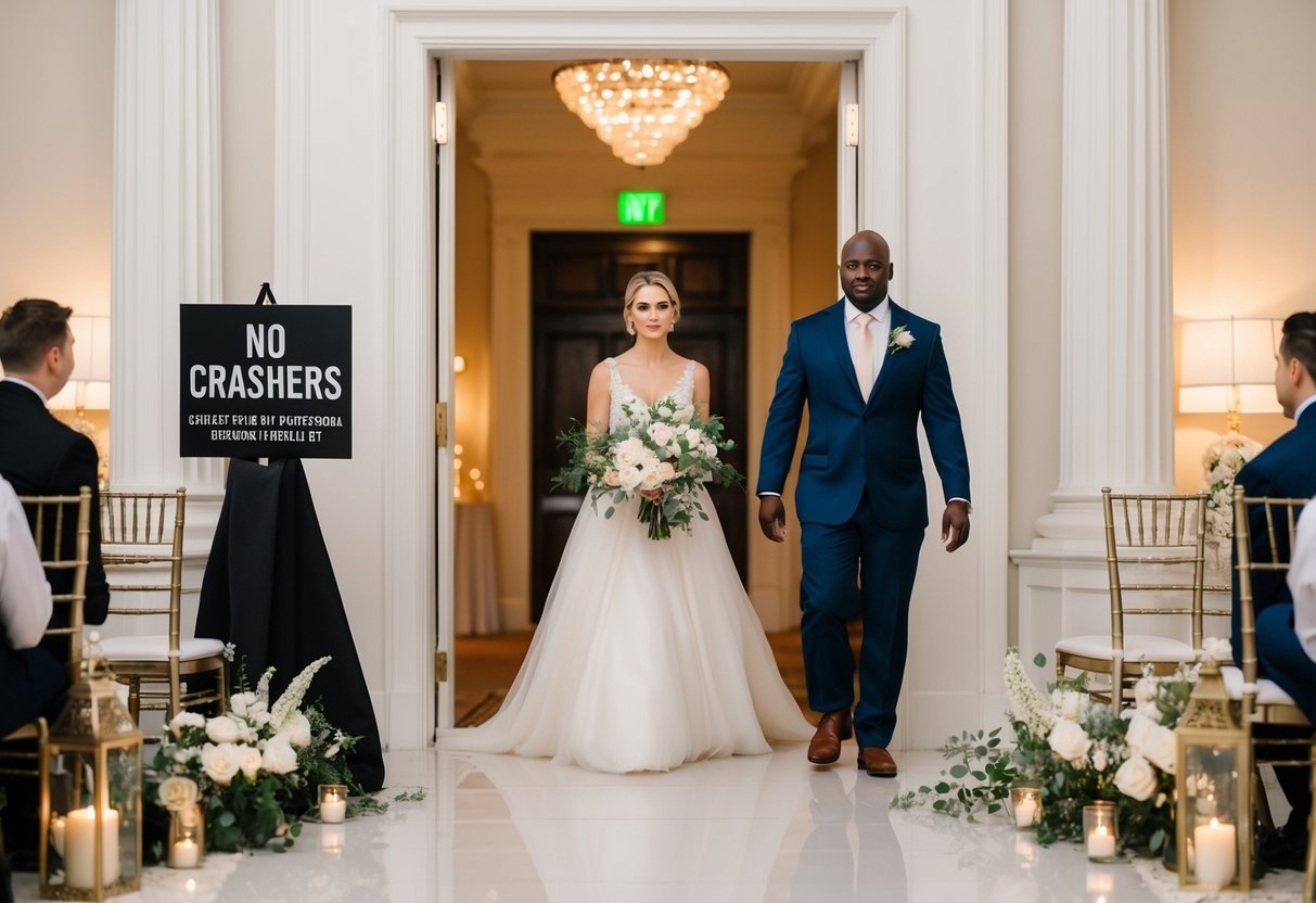 A grand entrance with a "no crashers" sign, a vigilant bouncer, and a serene, elegant wedding reception setting