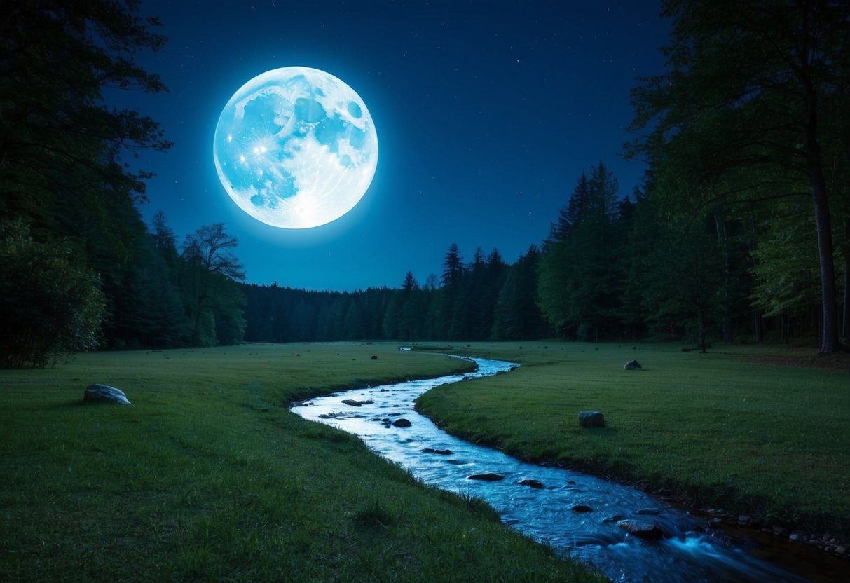A full moon illuminates a tranquil forest clearing, casting shadows on the ground. A small stream glistens in the moonlight as nocturnal creatures begin to emerge