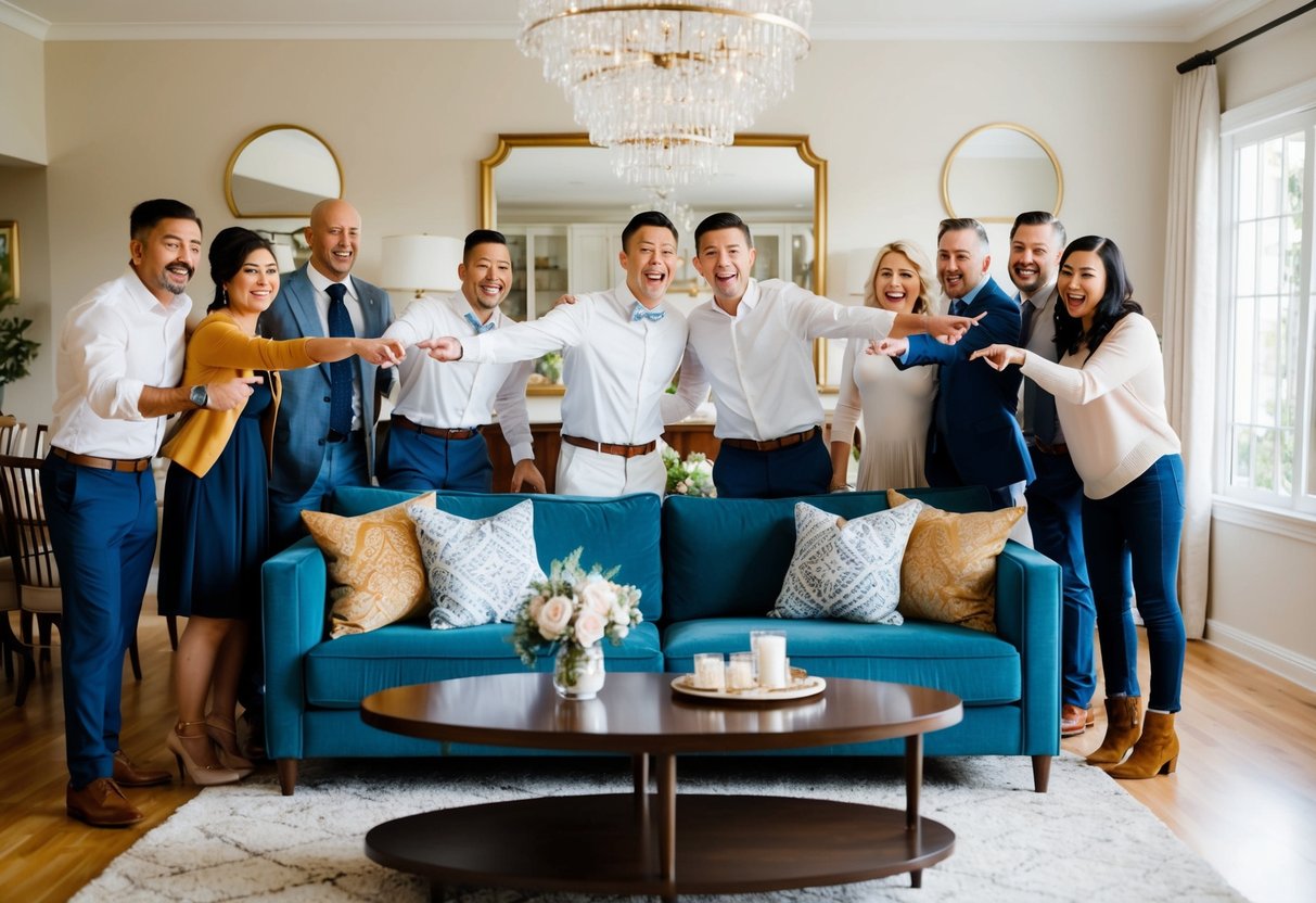 A couple standing in a cozy living room, surrounded by friends and family, pointing excitedly at a stylish couch and elegant dining table on their wedding registry