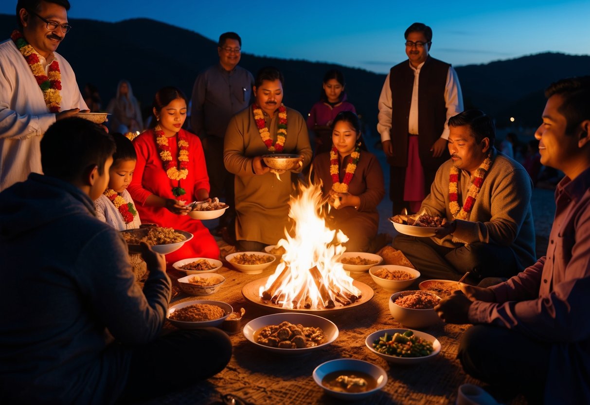 A family gathers around a glowing fire, offering prayers and traditional foods on the first night of a cultural celebration