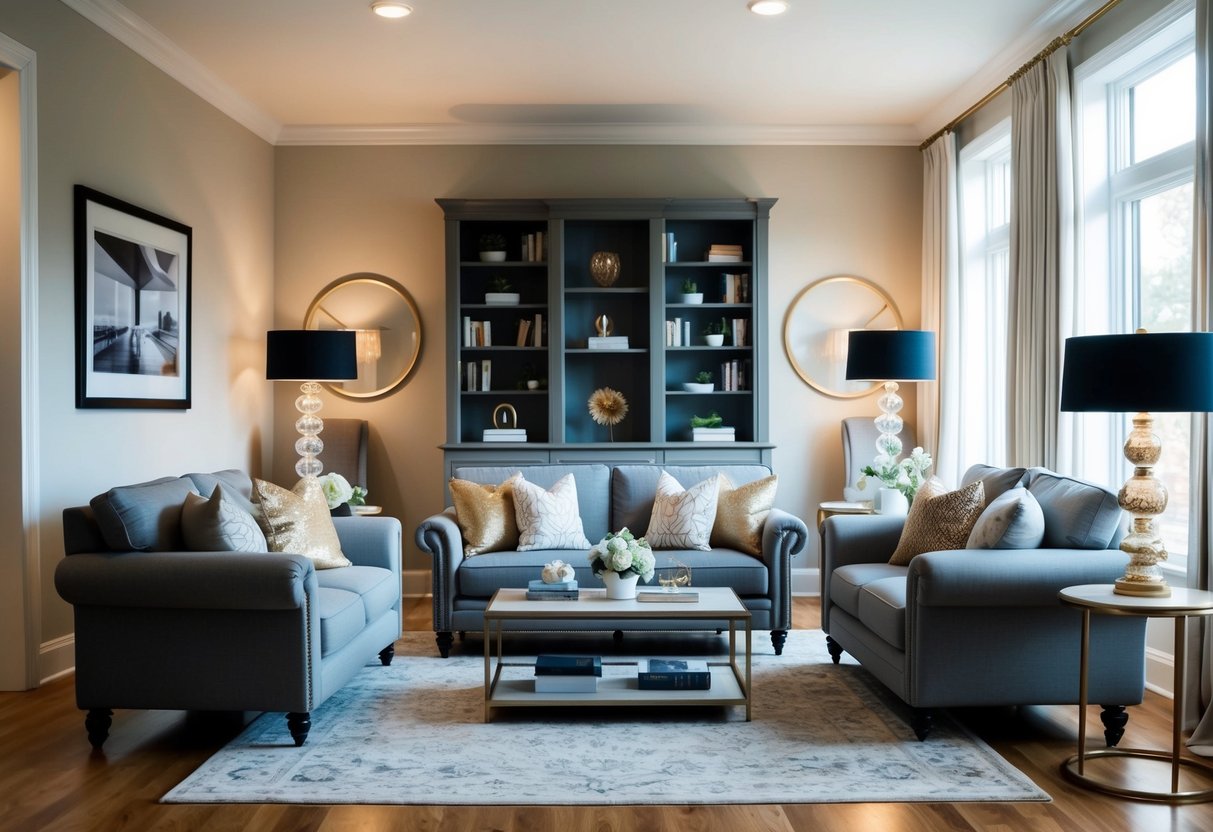 A cozy living room with a stylish sofa, coffee table, and bookshelf, all adorned with elegant decor and surrounded by soft lighting