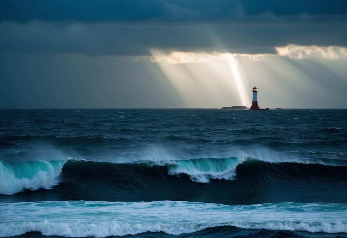 A stormy sea with a lighthouse in the distance, casting a beam of light through the dark waves
