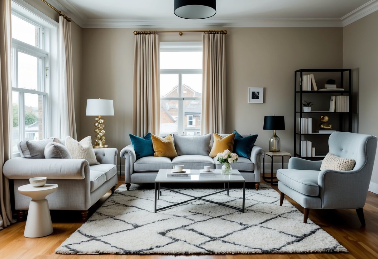 A cozy living room with a variety of stylish furniture pieces, including a plush sofa, elegant coffee table, and modern bookshelf