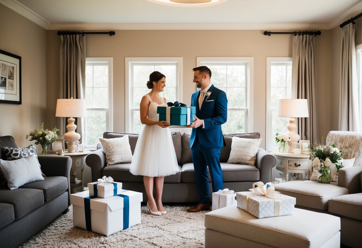 A cozy living room with a newlywed couple opening wedding gifts, including furniture items from their registry