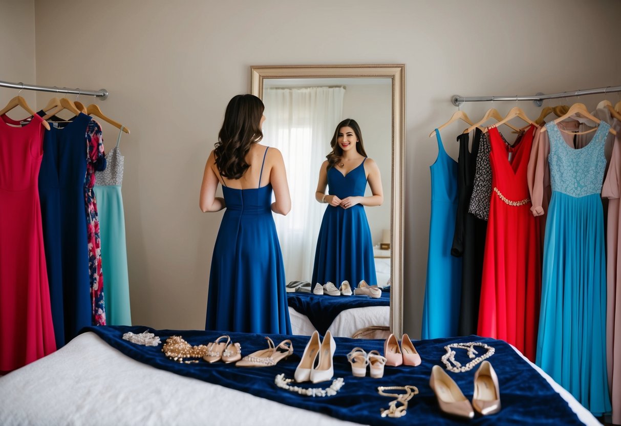 A woman standing in front of a full-length mirror, trying on different dresses and accessories, with a variety of shoes and jewelry spread out on the bed