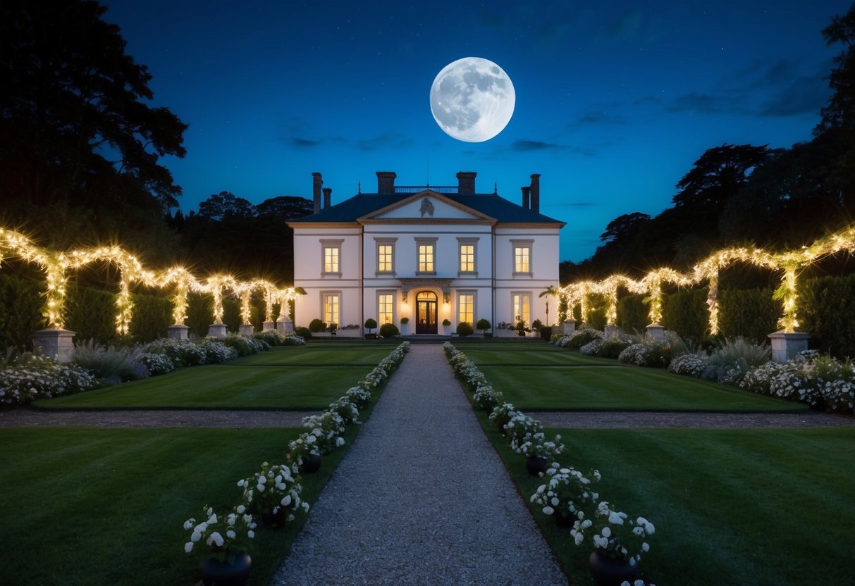 A moonlit garden with a pathway leading to a grand mansion, adorned with twinkling lights and flowers, as a gentle breeze carries the scent of anticipation
