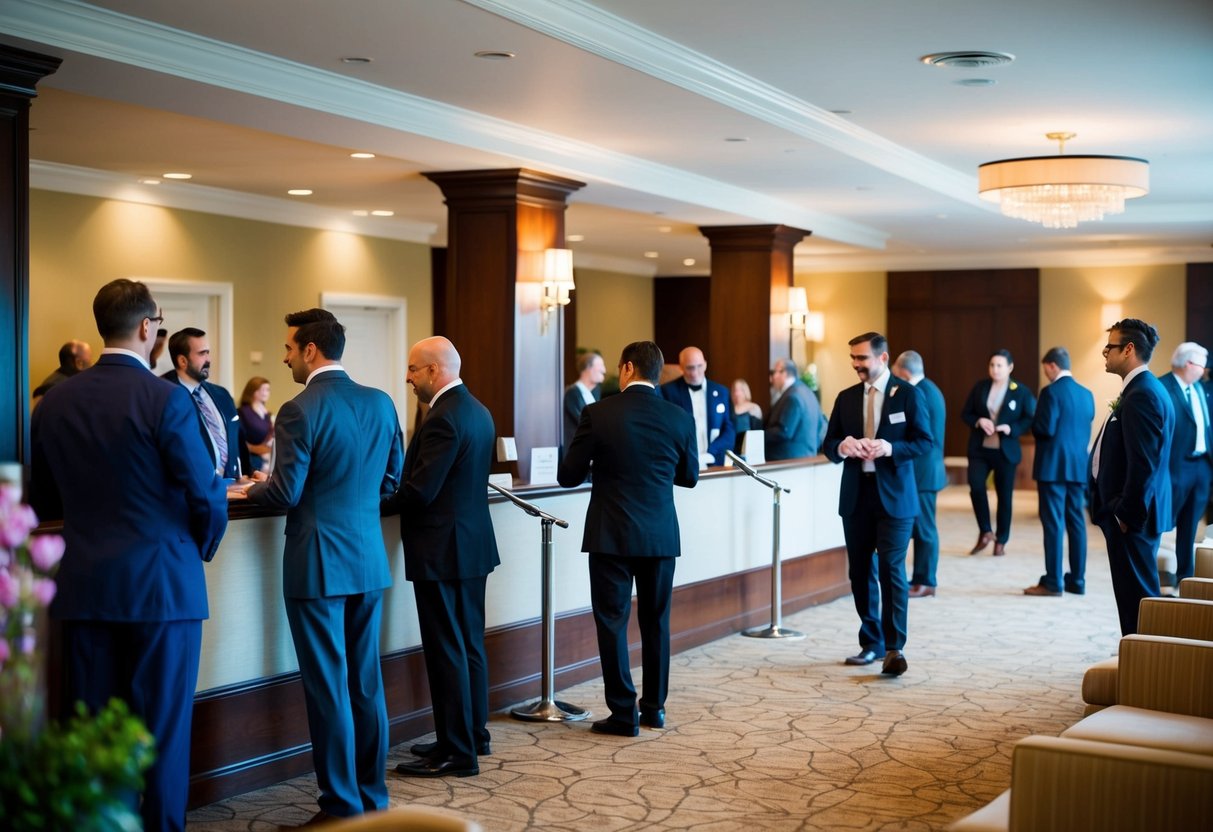 Guests mingle in a spacious, well-lit room with elegant decor. A staff member stands behind a desk, checking in arrivals and directing them to seating