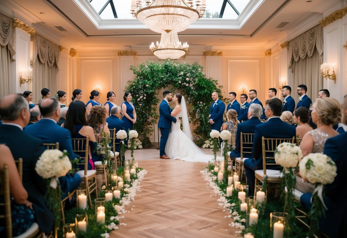 A small, intimate ceremony in a cozy garden followed by a grand reception in a lavish ballroom