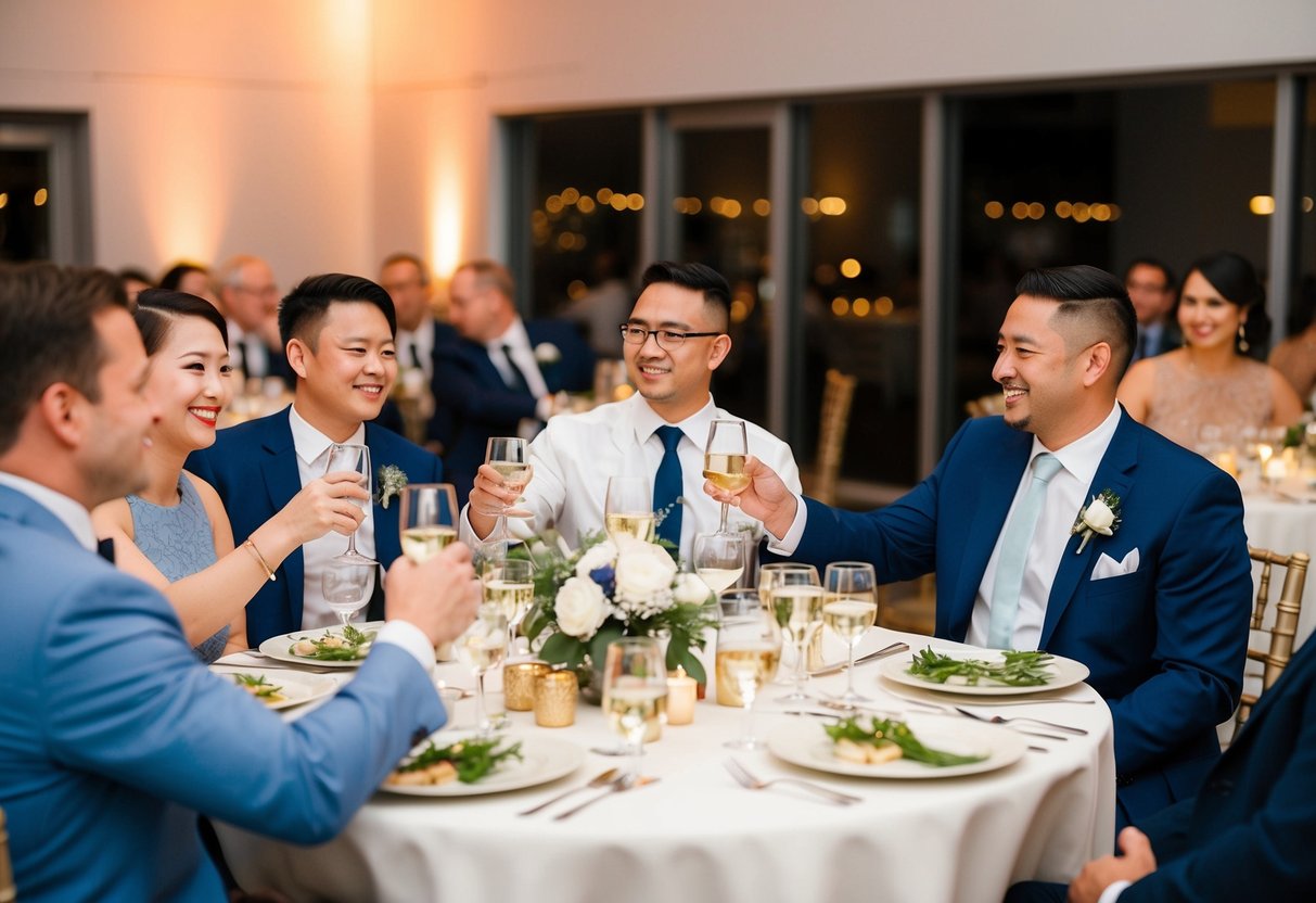 Guests seated at round tables, clinking glasses, listening to speeches, and enjoying dinner during a reception