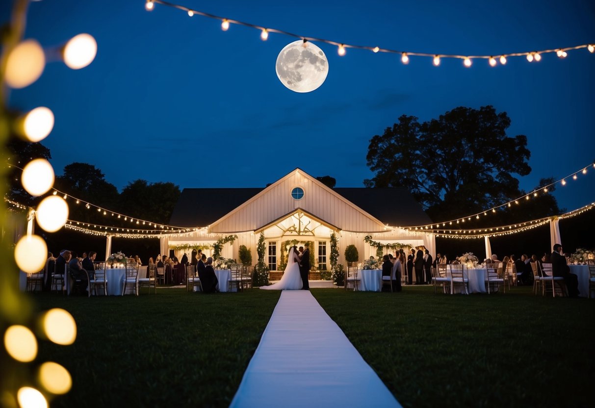 The evening before the wedding, a serene setting with a moonlit sky, a wedding venue adorned with twinkling lights, and a calm atmosphere