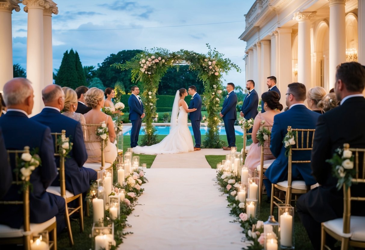 A small, intimate wedding ceremony in a picturesque garden followed by a grand, lavish reception in a luxurious ballroom