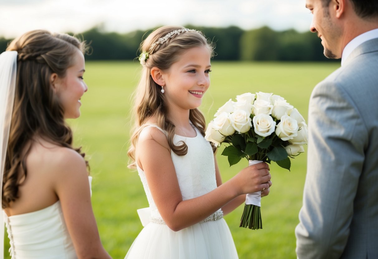 The flower girl presents a bouquet of white roses to the bride