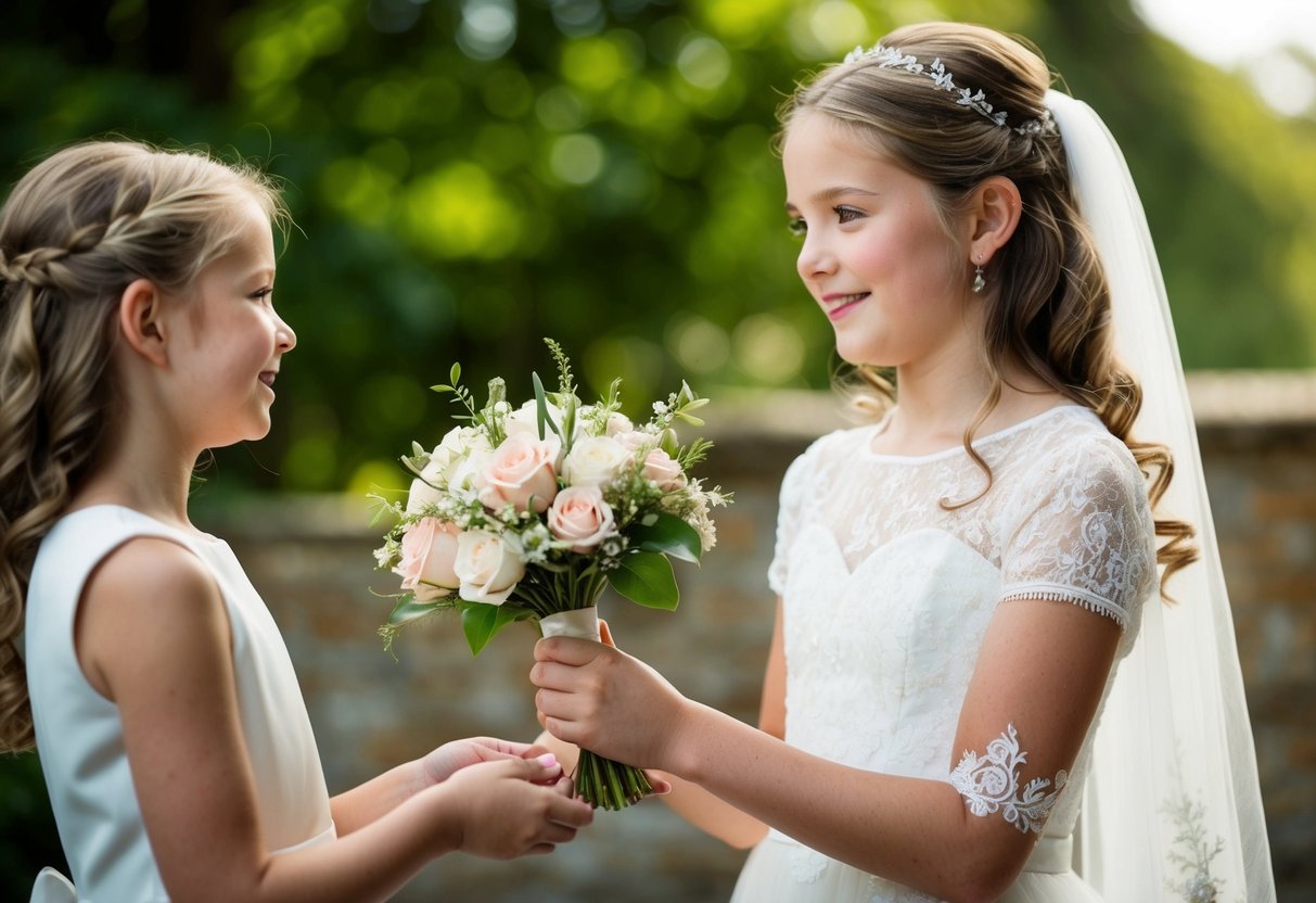 A flower girl presents a delicate bouquet to the bride