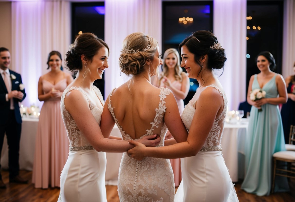 Brides swapping wedding gowns at reception