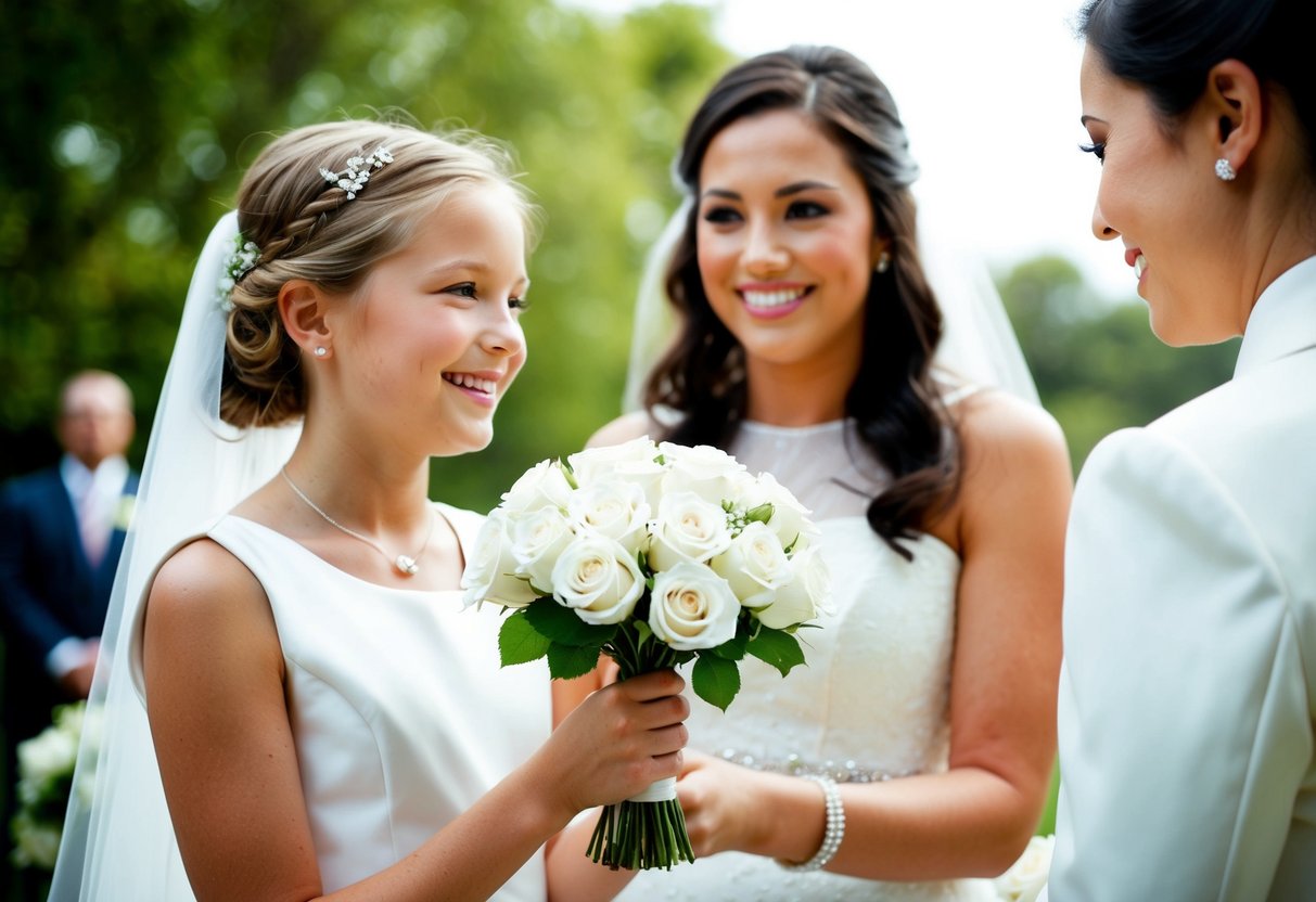 The flower girl presents a delicate bouquet of white roses to the beaming bride