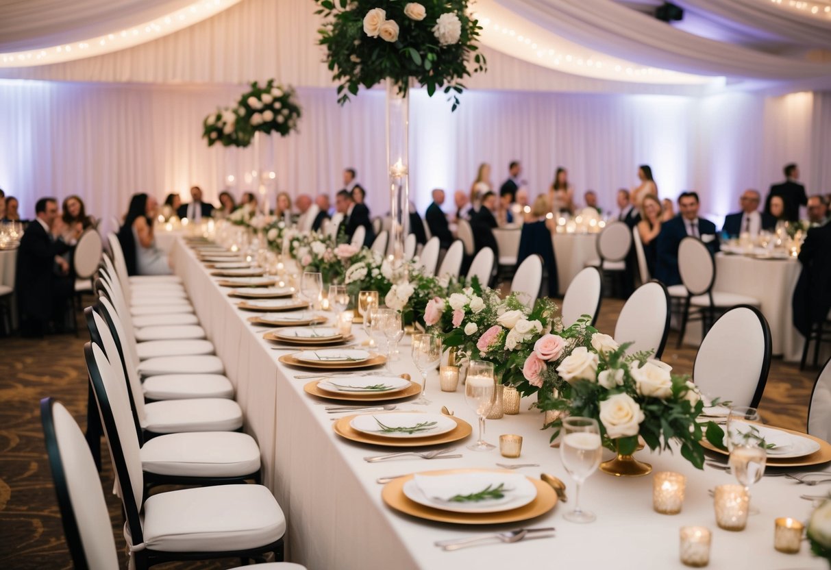 A wedding reception with a long banquet table set for 50 guests, adorned with floral centerpieces and elegant place settings