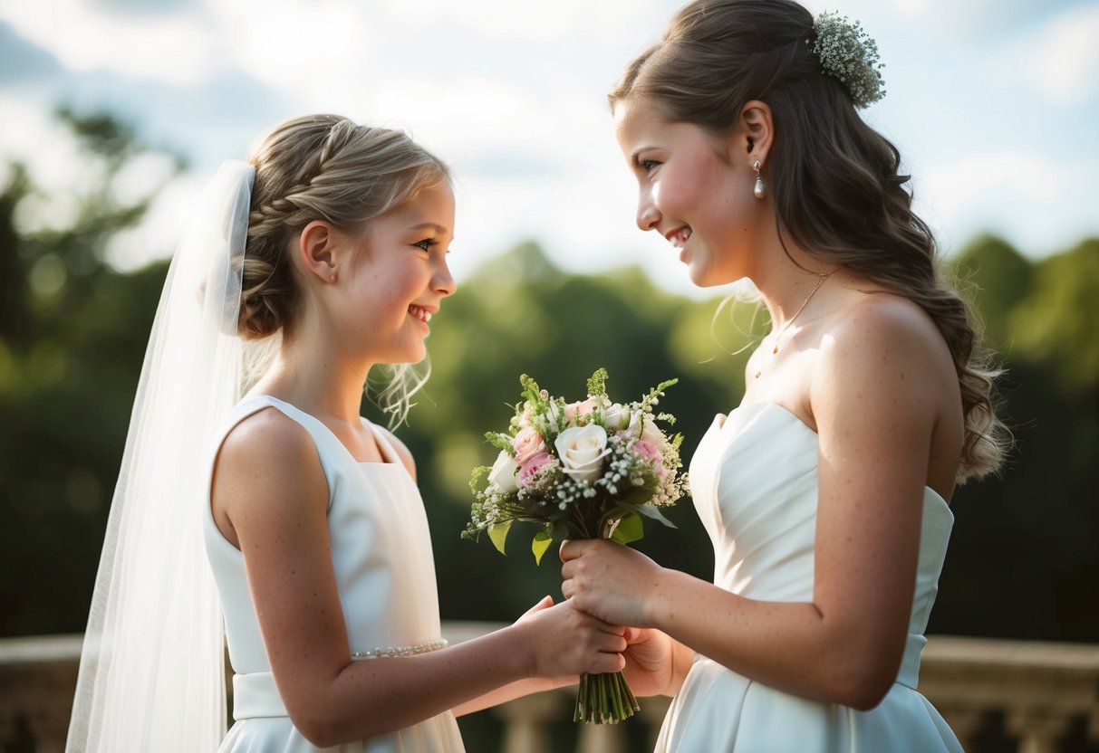 A flower girl presents a small bouquet of flowers to the bride