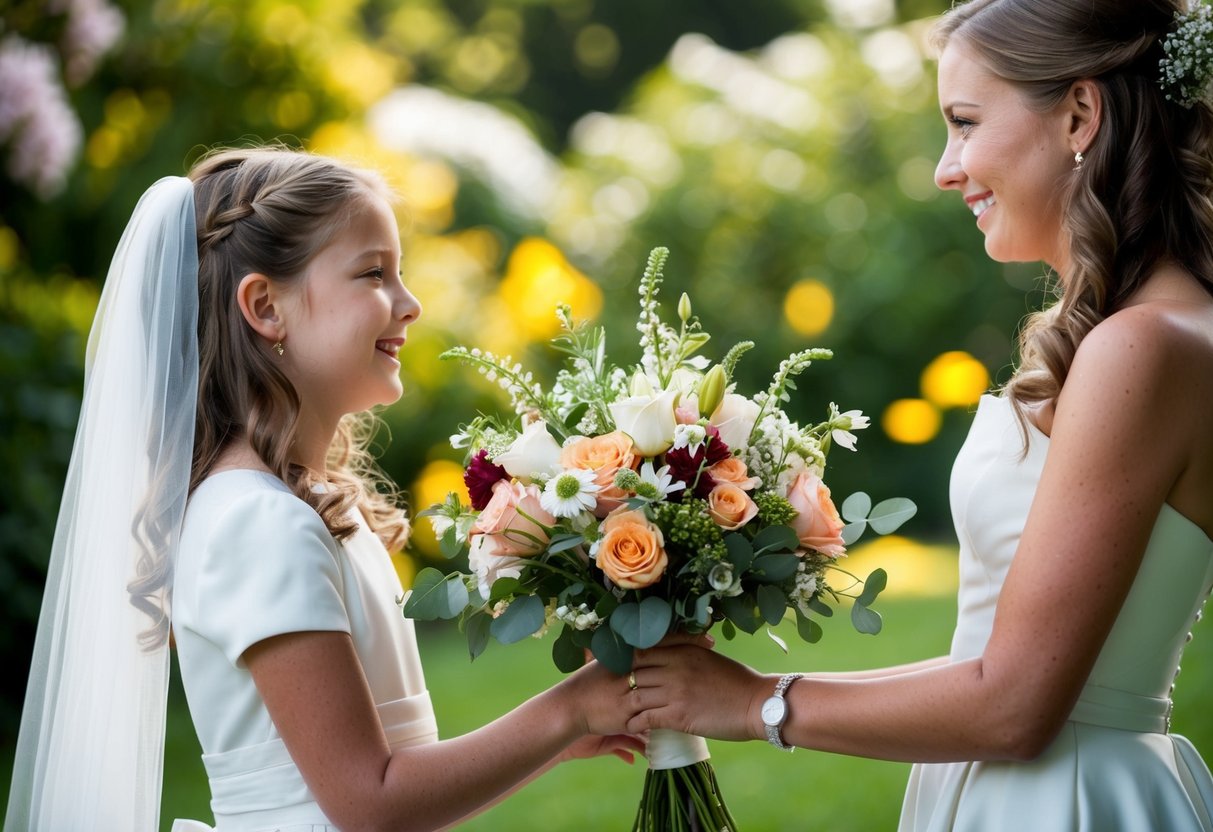 The flower girl presents the bride with a bouquet of fresh, fragrant flowers